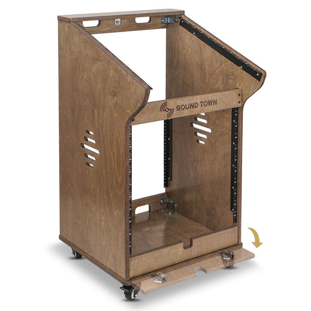 Sound Town SDRK-M11X12B | DIY Studio Rack with 11U Slant Mixer Top, 10U Front Rack, 2U Bottom Storage, Casters, Rubber Feet, Baltic Plywood, Weathered Brown - Flip Open Cover
