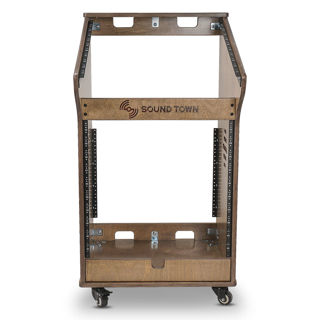 Sound Town SDRK-M11X12B-R | REFURBISHED: DIY Studio Rack with 11U Slant Mixer Top, 10U Front Rack, 2U Bottom Storage, Casters, Rubber Feet, Baltic Plywood, Weathered Brown - Front View 