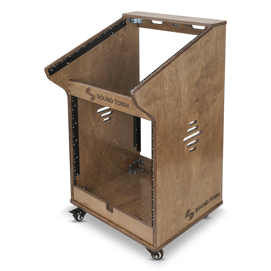 Sound Town SDRK-M11X12B | DIY Studio Rack with 11U Slant Mixer Top, 10U Front Rack, 2U Bottom Storage, Casters, Rubber Feet, Baltic Plywood, Weathered Brown  -Left View 