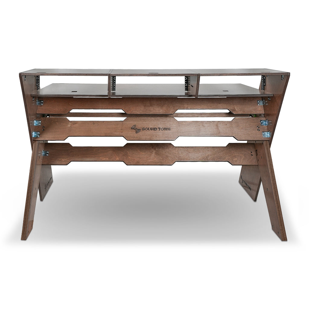 Sound Town SDRK-PF60 | Studio Workstation Desk with 3 x 3U Rack Bays, Adjustable Top Shelf, Slide-Out Controller Keyboard Tray, Plywood, Weathered Brown-Back View