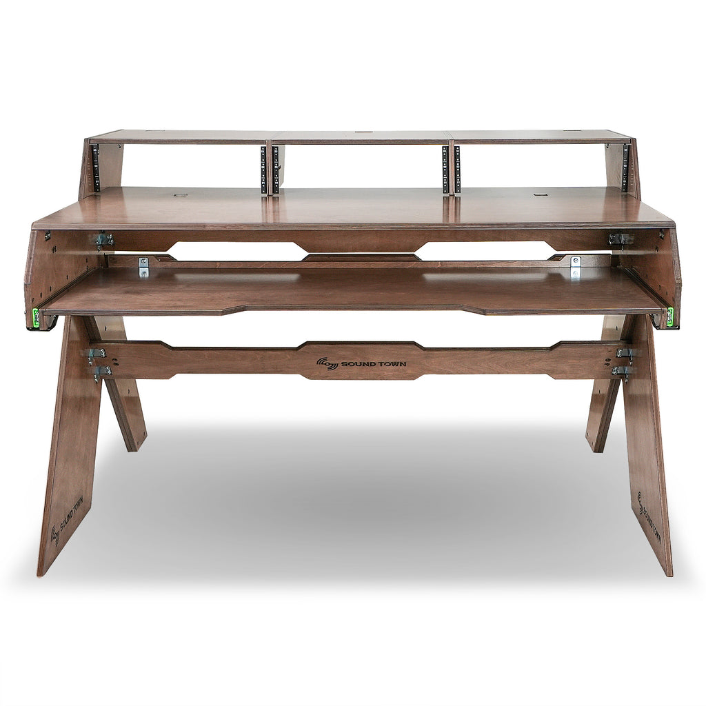 Sound Town SDRK-PF60 | Studio Workstation Desk with 3 x 3U Rack Bays, Adjustable Top Shelf, Slide-Out Controller Keyboard Tray, Plywood, Weathered Brown-Front View 