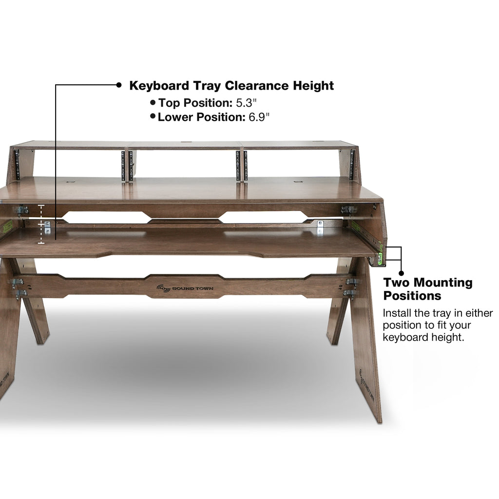 Sound Town SDRK-PF60 | Studio Workstation Desk with 3 x 3U Rack Bays, Adjustable Top Shelf, Slide-Out Controller Keyboard Tray, Plywood, Weathered Brown-Keyboard Tray Height