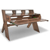 Sound Town SDRK-PF60 | Studio Workstation Desk with 3 x 3U Rack Bays, Adjustable Top Shelf, Slide-Out Controller Keyboard Tray, Plywood, Weathered Brown-Left Angle 