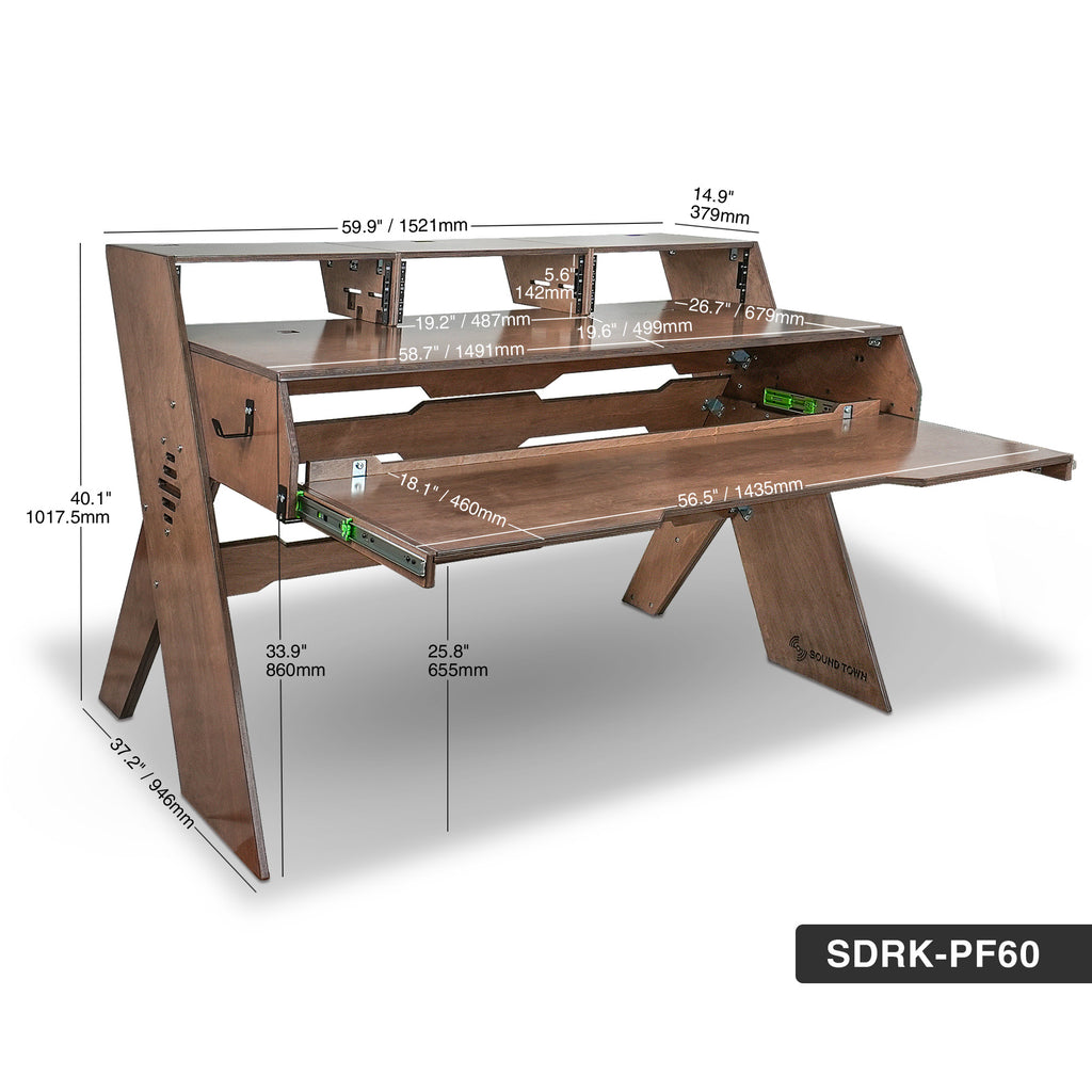 Sound Town SDRK-PF60 | Studio Workstation Desk with 3 x 3U Rack Bays, Adjustable Top Shelf, Slide-Out Controller Keyboard Tray, Plywood, Weathered Brown-Sizes and Dimensions
