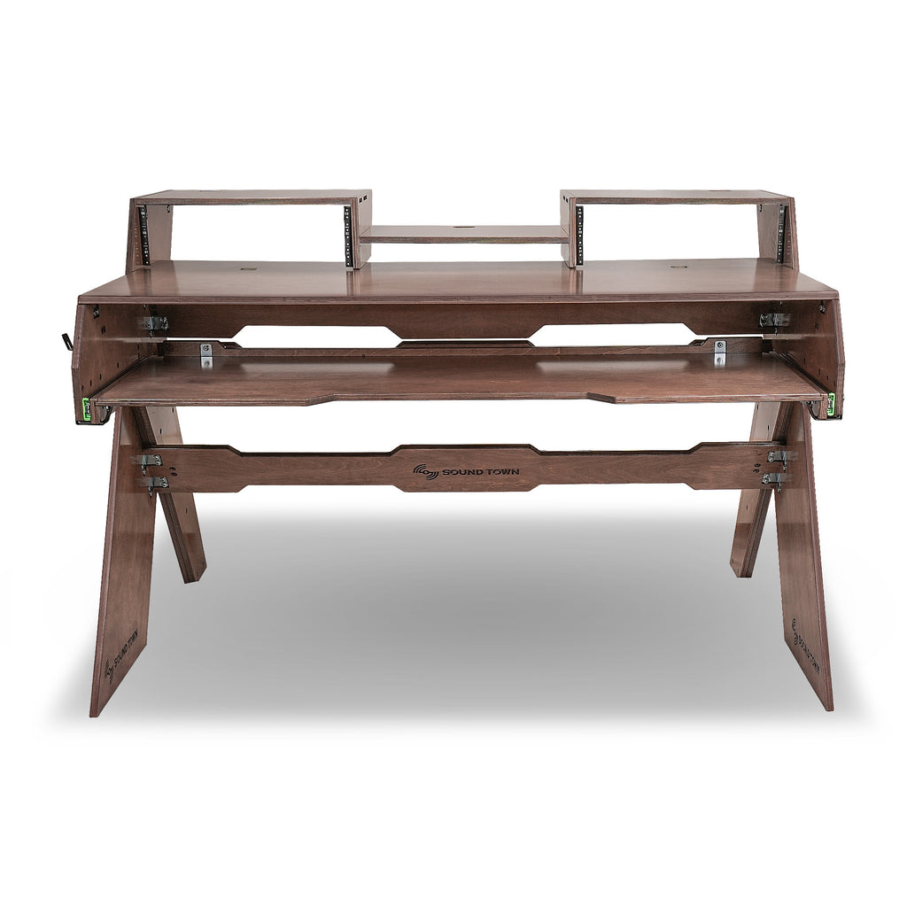Sound Town SDRK-PF60 | Studio Workstation Desk with 3 x 3U Rack Bays, Adjustable Top Shelf, Slide-Out Controller Keyboard Tray, Plywood, Weathered Brown-Top Panel Assembly Options