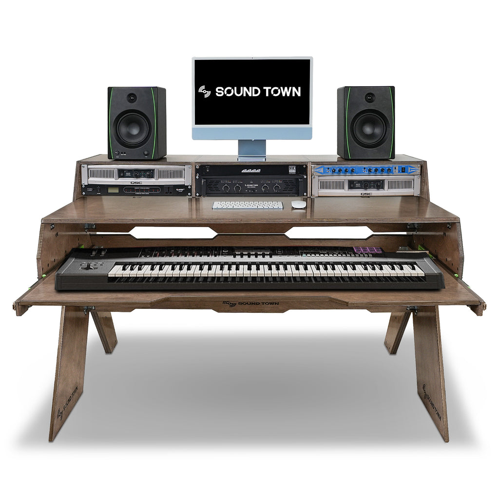 Sound Town SDRK-PF60 | Studio Workstation Desk with 3 x 3U Rack Bays, Adjustable Top Shelf, Slide-Out Controller Keyboard Tray, Plywood, Weathered Brown