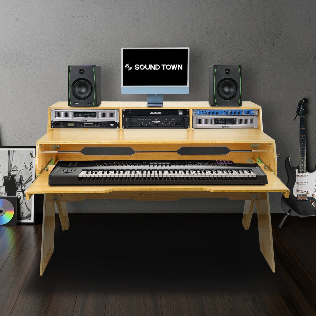 Sound Town SDRK-PF60CB | Studio Workstation Desk with 3 x 3U Rack Bays, Adjustable Top Shelf, Slide-Out Controller Keyboard Tray, Solid Carbonized Bamboo - Music Production, Recording, Podcasting, and Home Studios 