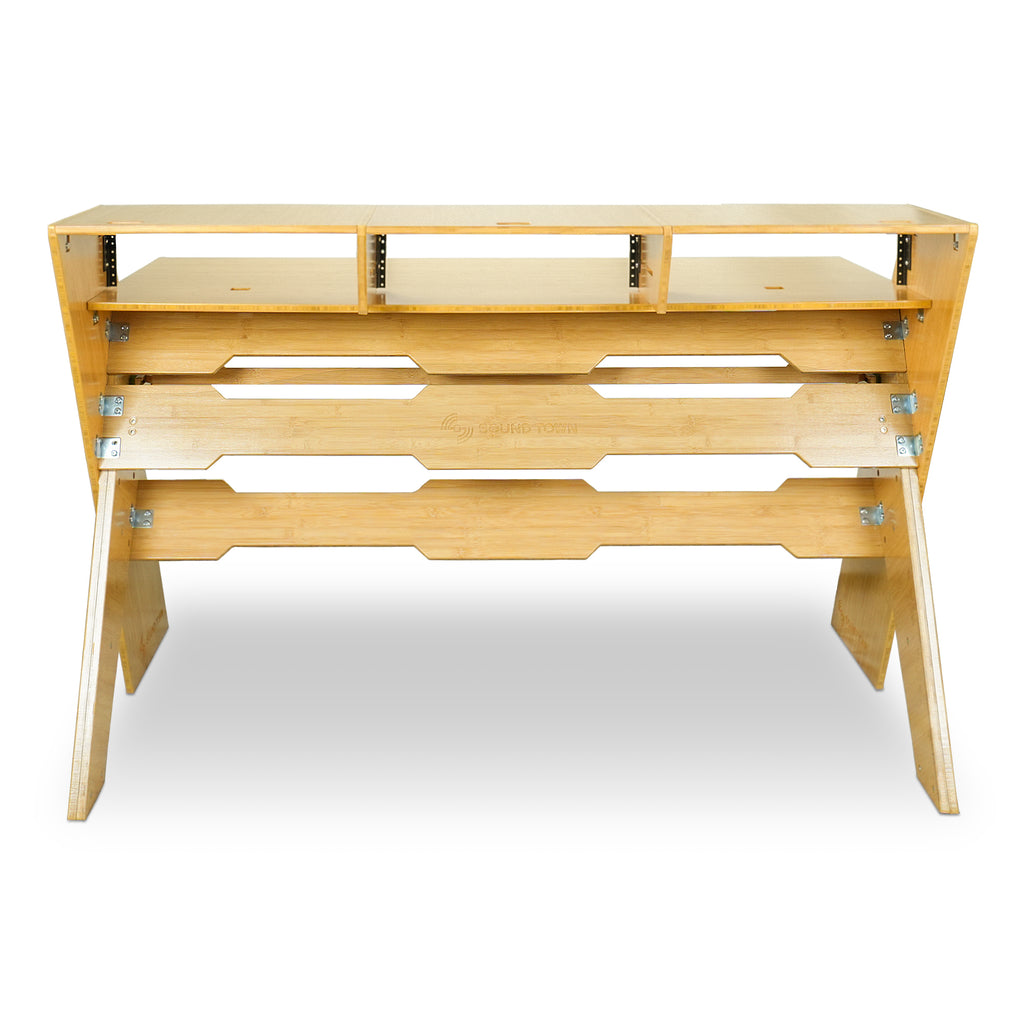 Sound Town SDRK-PF60CB | Studio Workstation Desk with 3 x 3U Rack Bays, Adjustable Top Shelf, Slide-Out Controller Keyboard Tray, Solid Carbonized Bamboo - Back View 