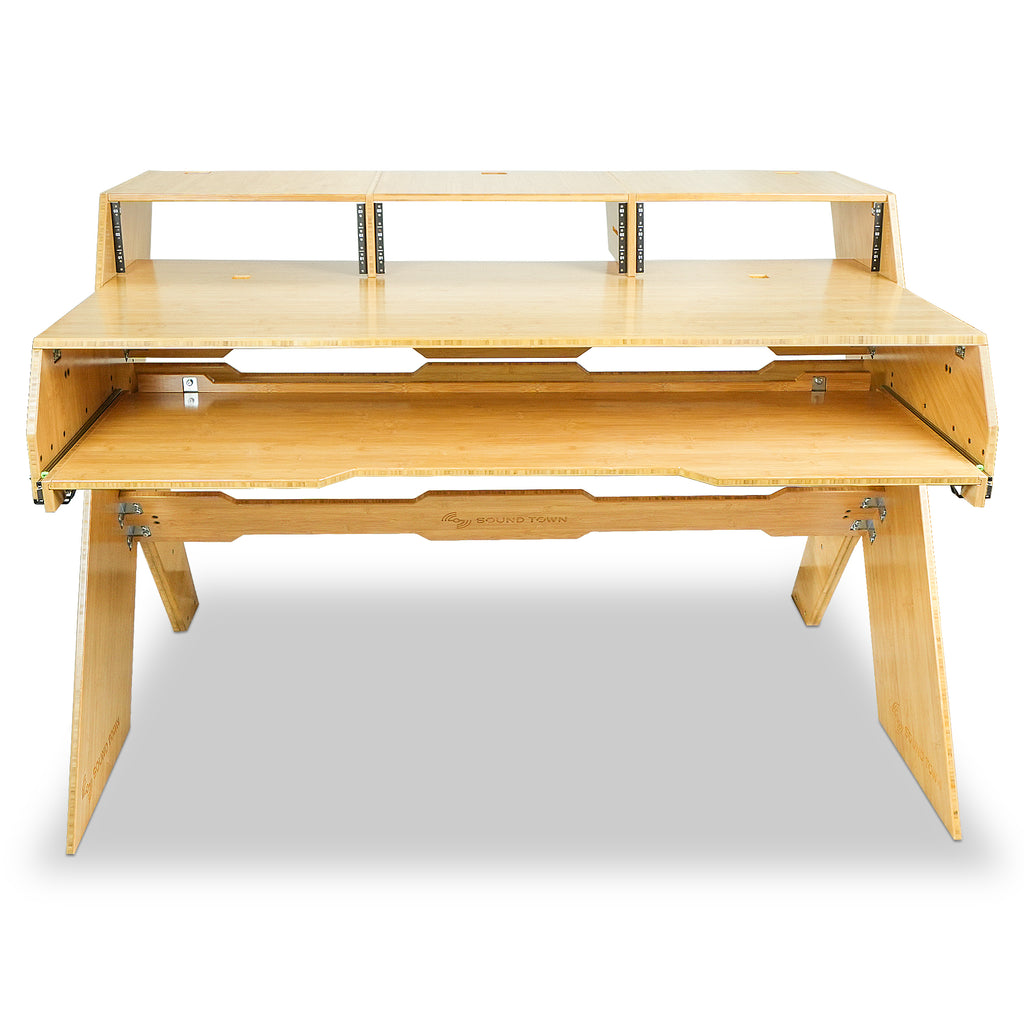Sound Town SDRK-PF60CB | Studio Workstation Desk with 3 x 3U Rack Bays, Adjustable Top Shelf, Slide-Out Controller Keyboard Tray, Solid Carbonized Bamboo - Front View 