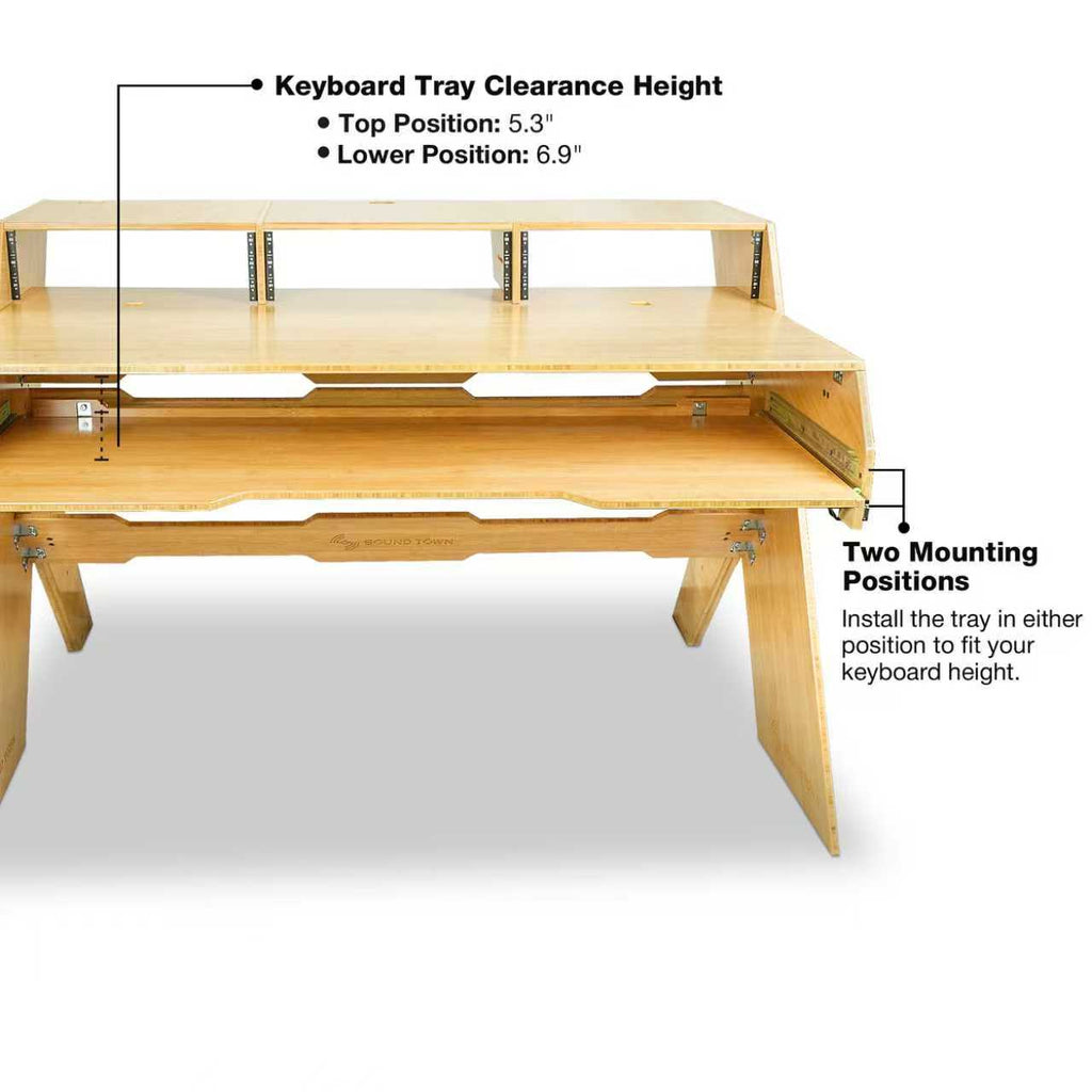 Sound Town SDRK-PF60CB | Studio Workstation Desk with 3 x 3U Rack Bays, Adjustable Top Shelf, Slide-Out Controller Keyboard Tray, Solid Carbonized Bamboo - Keyboard Tray Height
