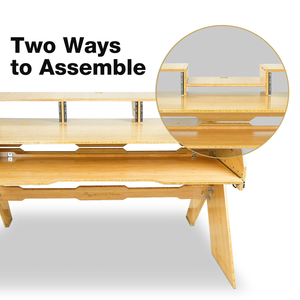 Sound Town SDRK-PF60CB | Studio Workstation Desk with 3 x 3U Rack Bays, Adjustable Top Shelf, Slide-Out Controller Keyboard Tray, Solid Carbonized Bamboo - Installation Options