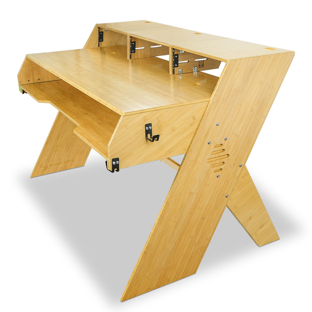 Sound Town SDRK-PF60CB | Studio Workstation Desk with 3 x 3U Rack Bays, Adjustable Top Shelf, Slide-Out Controller Keyboard Tray, Solid Carbonized Bamboo - Left View 