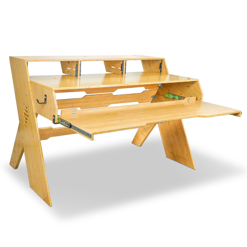 Sound Town SDRK-PF60CB | Studio Workstation Desk with 3 x 3U Rack Bays, Adjustable Top Shelf, Slide-Out Controller Keyboard Tray, Solid Carbonized Bamboo - Right Angle 