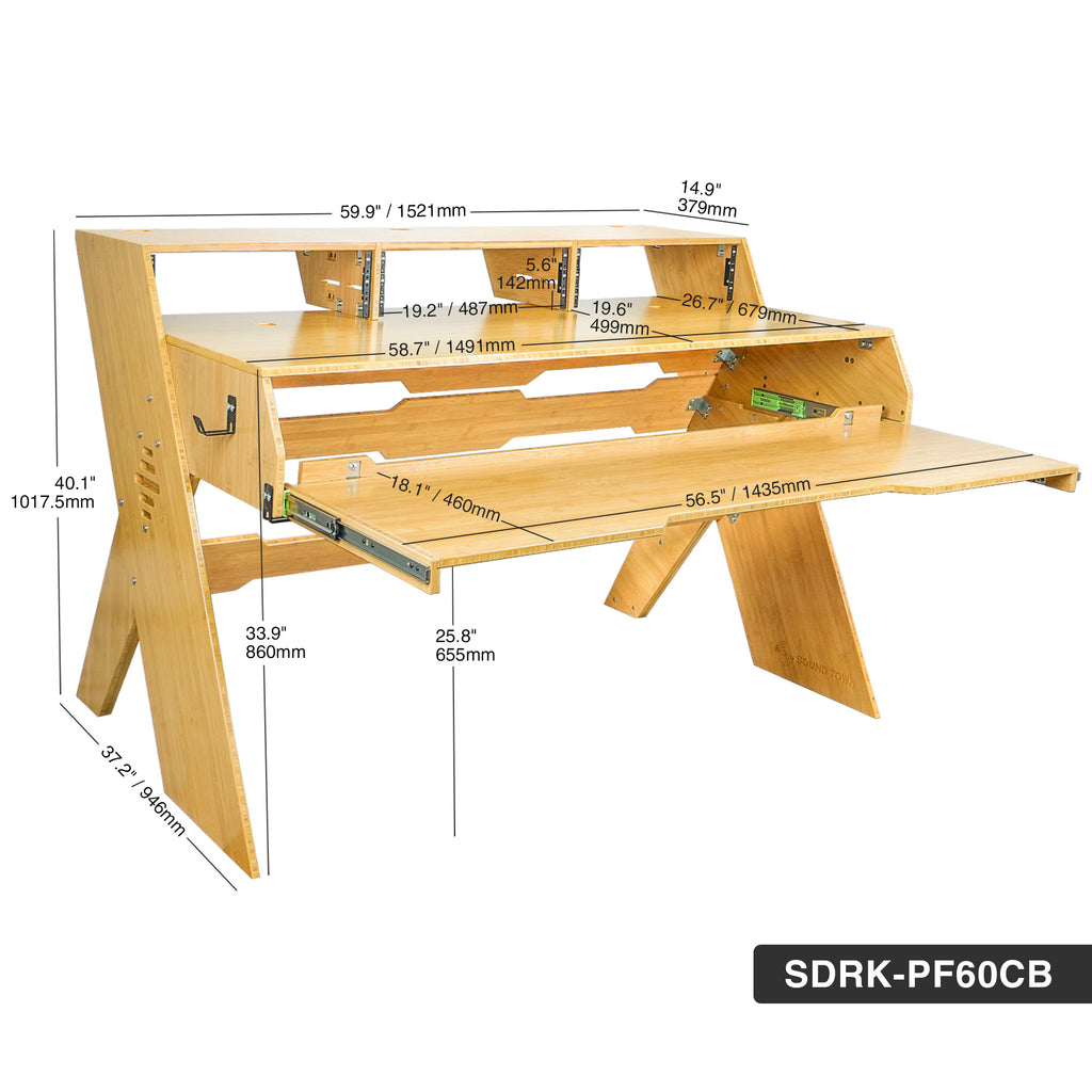 Sound Town SDRK-PF60CB | Studio Workstation Desk with 3 x 3U Rack Bays, Adjustable Top Shelf, Slide-Out Controller Keyboard Tray, Solid Carbonized Bamboo - Sizes and Dimensions