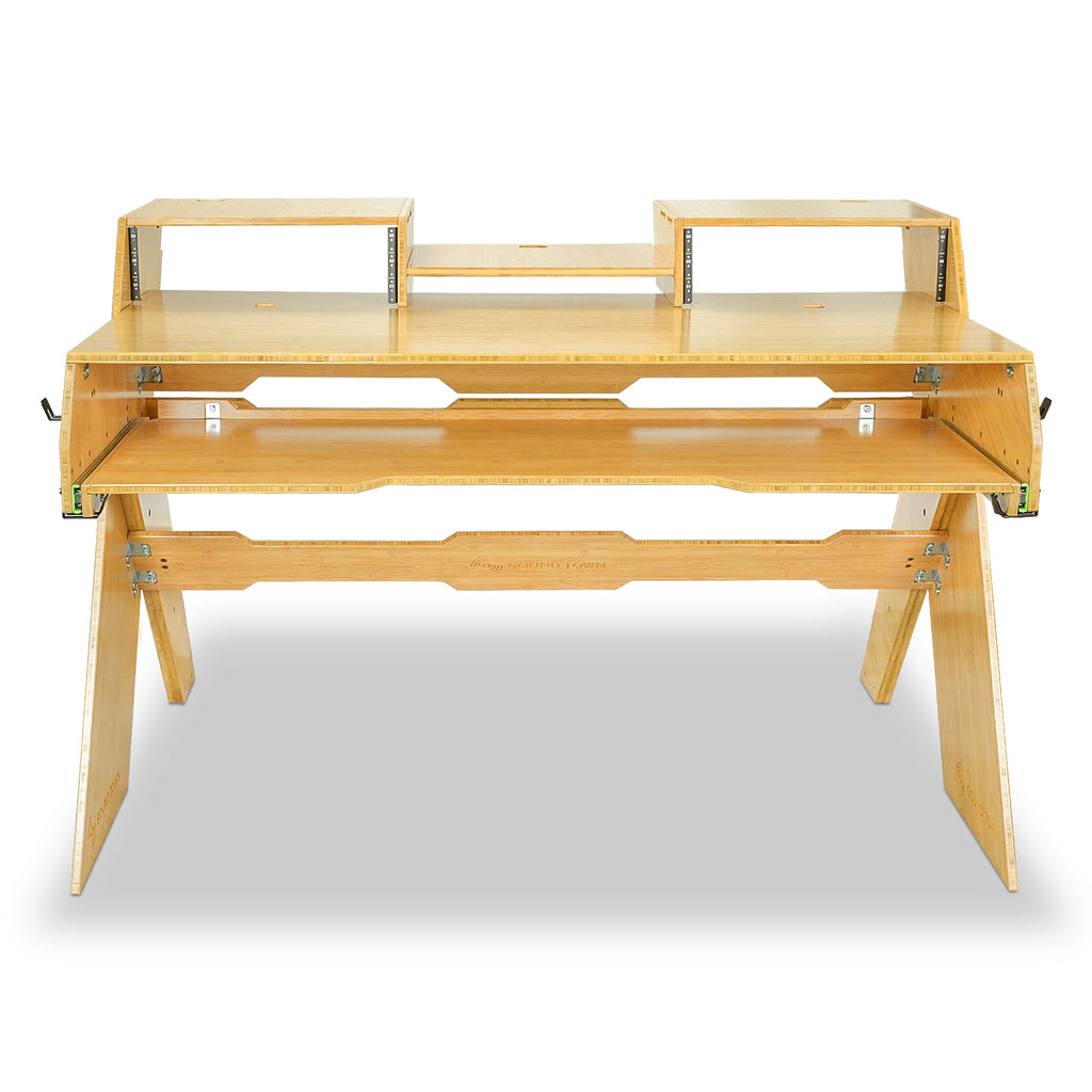 Sound Town SDRK-PF60CB | Studio Workstation Desk with 3 x 3U Rack Bays, Adjustable Top Shelf, Slide-Out Controller Keyboard Tray, Solid Carbonized Bamboo - Top Panel Assembly Options