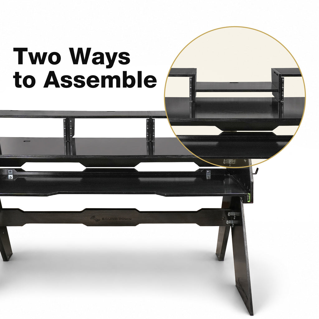 Sound Town SDRK-PF60D | Studio Workstation Desk with 3 x 3U Rack Bays, Adjustable Top Shelf, Slide-Out Controller Keyboard Tray, DIY, Plywood, Black Espresso - Two Assembly Options