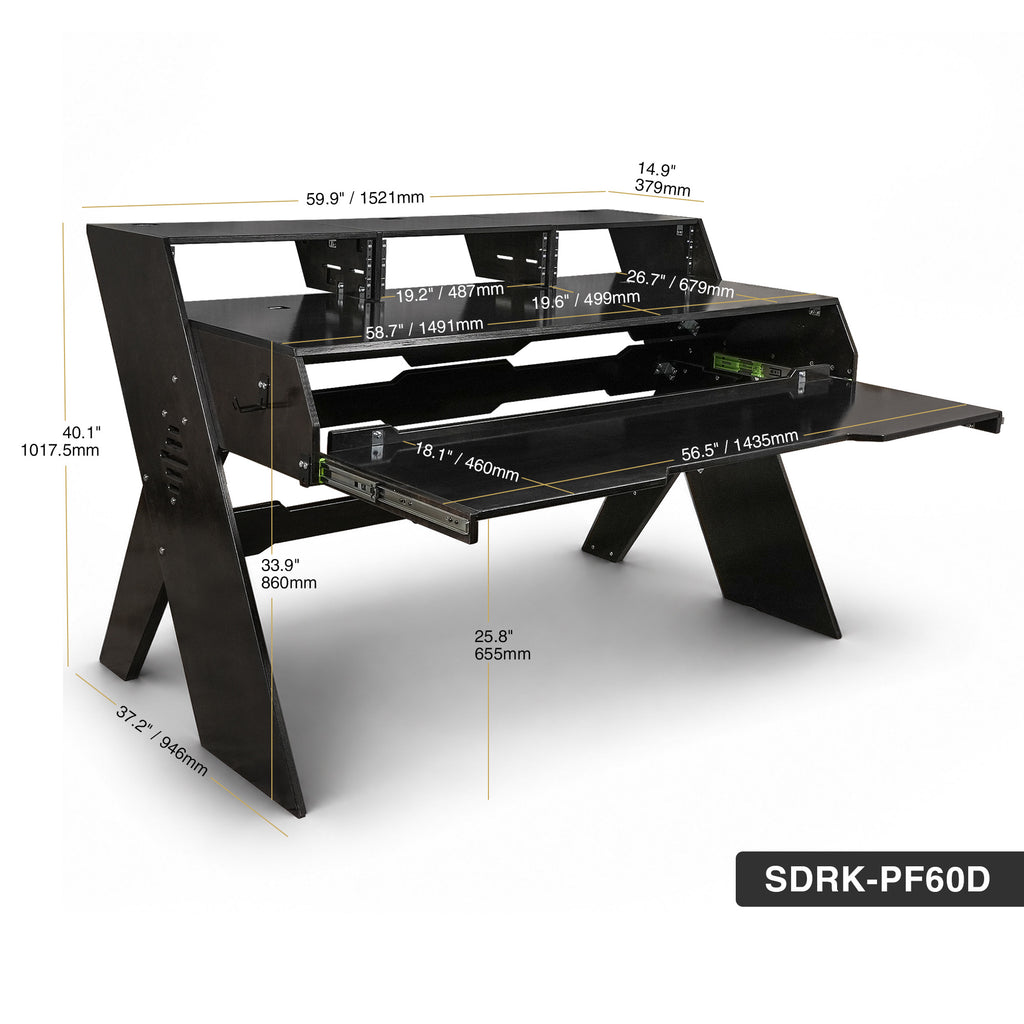 Sound Town SDRK-PF60D | Studio Workstation Desk with 3 x 3U Rack Bays, Adjustable Top Shelf, Slide-Out Controller Keyboard Tray, DIY, Plywood, Black Espresso - Size and Dimensions
