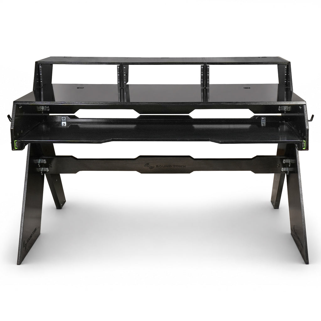 Sound Town SDRK-PF60D | Studio Workstation Desk with 3 x 3U Rack Bays, Adjustable Top Shelf, Slide-Out Controller Keyboard Tray, DIY, Plywood, Black Espresso - Front Panel, First Assembly