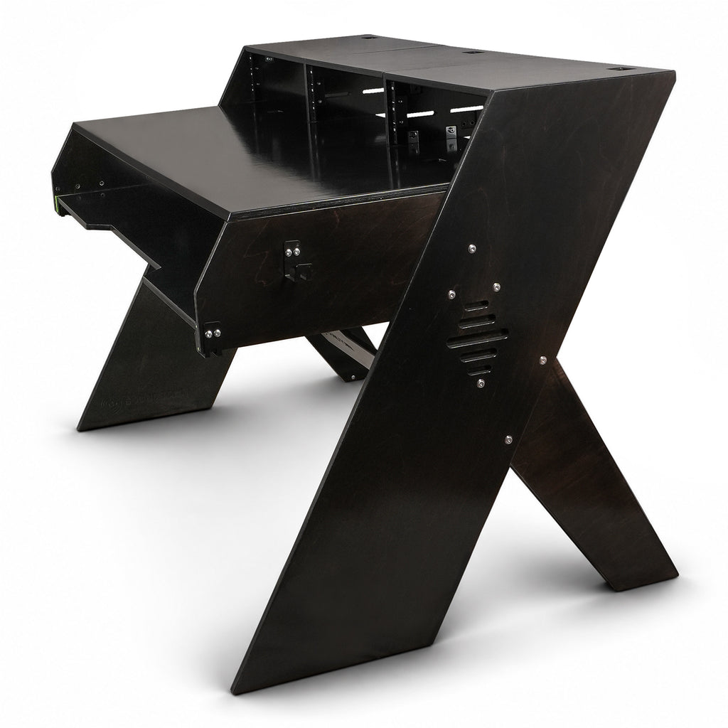 Sound Town SDRK-PF60D | Studio Workstation Desk with 3 x 3U Rack Bays, Adjustable Top Shelf, Slide-Out Controller Keyboard Tray, DIY, Plywood, Black Espresso - Left View