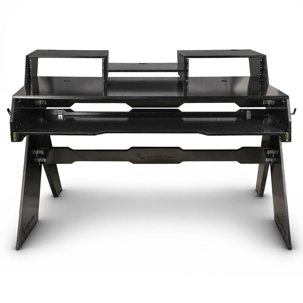 Sound Town SDRK-PF60D | Studio Workstation Desk with 3 x 3U Rack Bays, Adjustable Top Shelf, Slide-Out Controller Keyboard Tray, DIY, Plywood, Black Espresso - Front Panel, Second Assembly