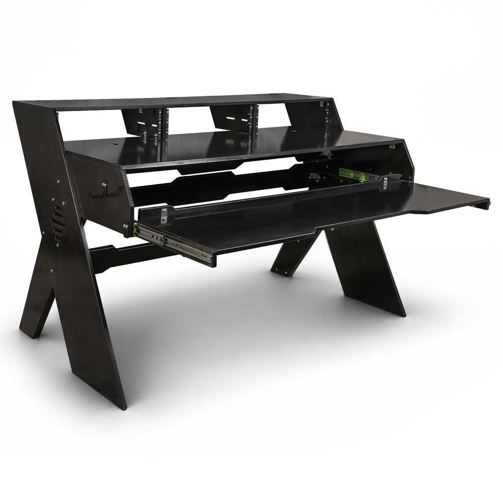 Sound Town SDRK-PF60D | Studio Workstation Desk with 3 x 3U Rack Bays, Adjustable Top Shelf, Slide-Out Controller Keyboard Tray, DIY, Plywood, Black Espresso - Right View