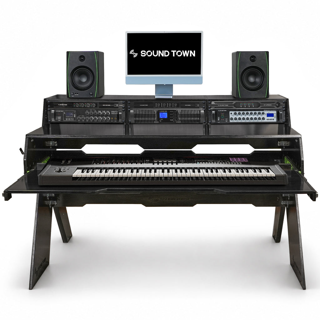 Sound Town SDRK-PF60D | Studio Workstation Desk with 3 x 3U Rack Bays, Adjustable Top Shelf, Slide-Out Controller Keyboard Tray, DIY, Plywood, Black Espresso