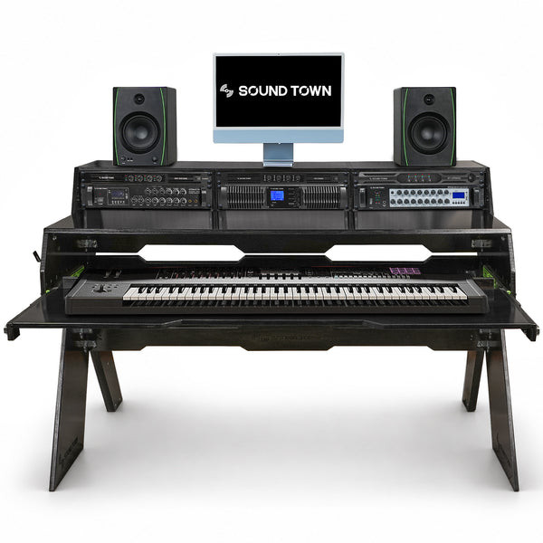 Sound Town SDRK-PF60D | Studio Workstation Desk with 3 x 3U Rack Bays, Adjustable Top Shelf, Slide-Out Controller Keyboard Tray, DIY, Plywood, Black Espresso
