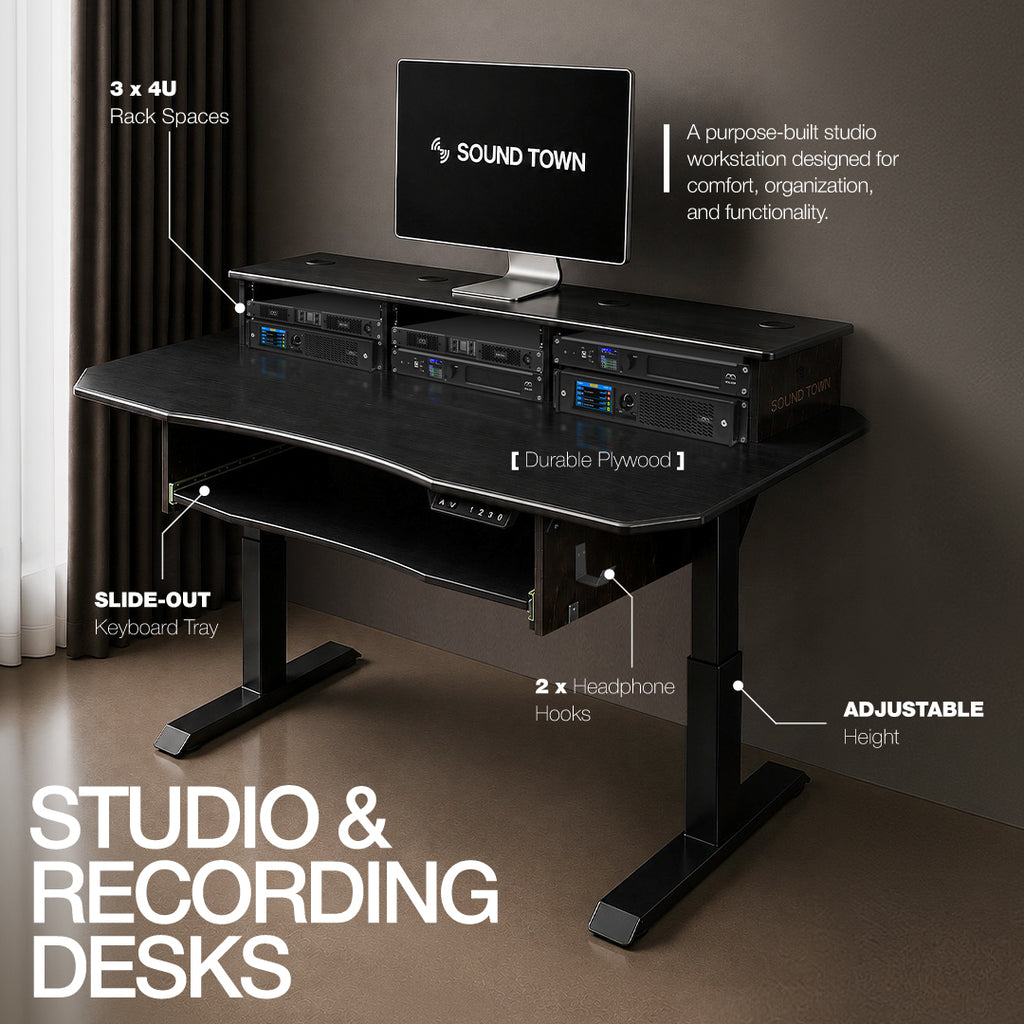 The Sound Town SDRK-SD1D is an electric standing studio desk in Black Espresso, designed for music production, streaming, podcasting, and home studios. With electric height adjustment, memory presets, integrated rack space, a sliding keyboard and MIDI tray, cable grommets, and headphone hooks, it keeps studio gear organized and within reach. Durable plywood construction and a reinforced iron base provide a stable setup for recording and production.