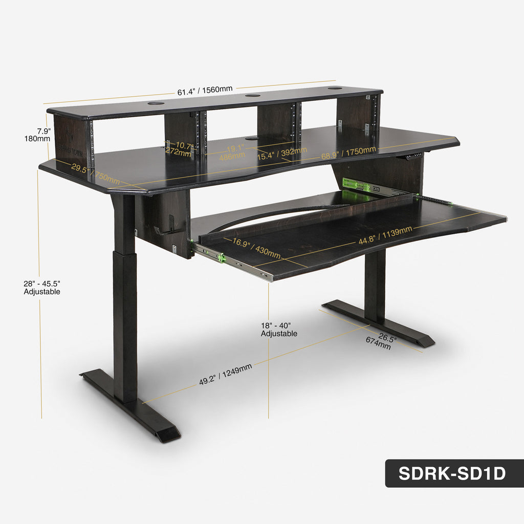 Sound Town SDRK-SD1D | DIY Music Recording Studio Desk Workstation w/ Electric Adjustable Height, 3x4U Rack, Sliding Keyboard Tray, Plywood, Black Espresso - Size and Dimensions