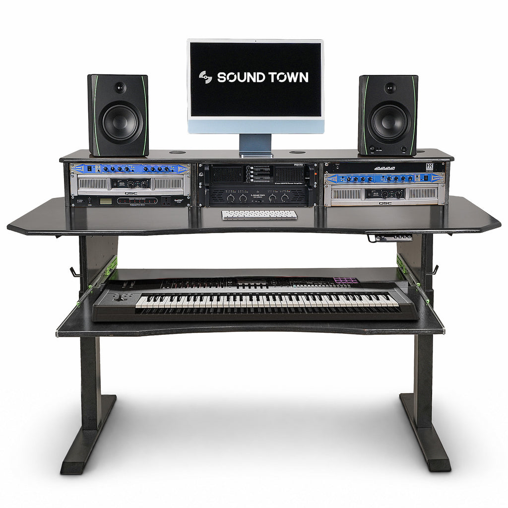 Sound Town SDRK-SD1D | DIY Music Recording Studio Desk Workstation w/ Electric Adjustable Height, 3x4U Rack, Sliding Keyboard Tray, Plywood, Black Espresso - Equipment Organization