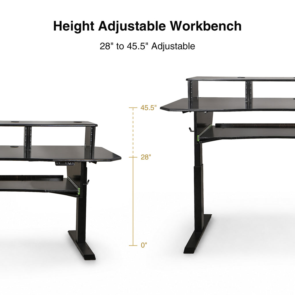 Sound Town SDRK-SD1D | DIY Music Recording Studio Desk Workstation w/ Electric Adjustable Height, 3x4U Rack, Sliding Keyboard Tray, Plywood, Black Espresso - 28.0" Minimum to 45.5" Maximum Height Adjustable