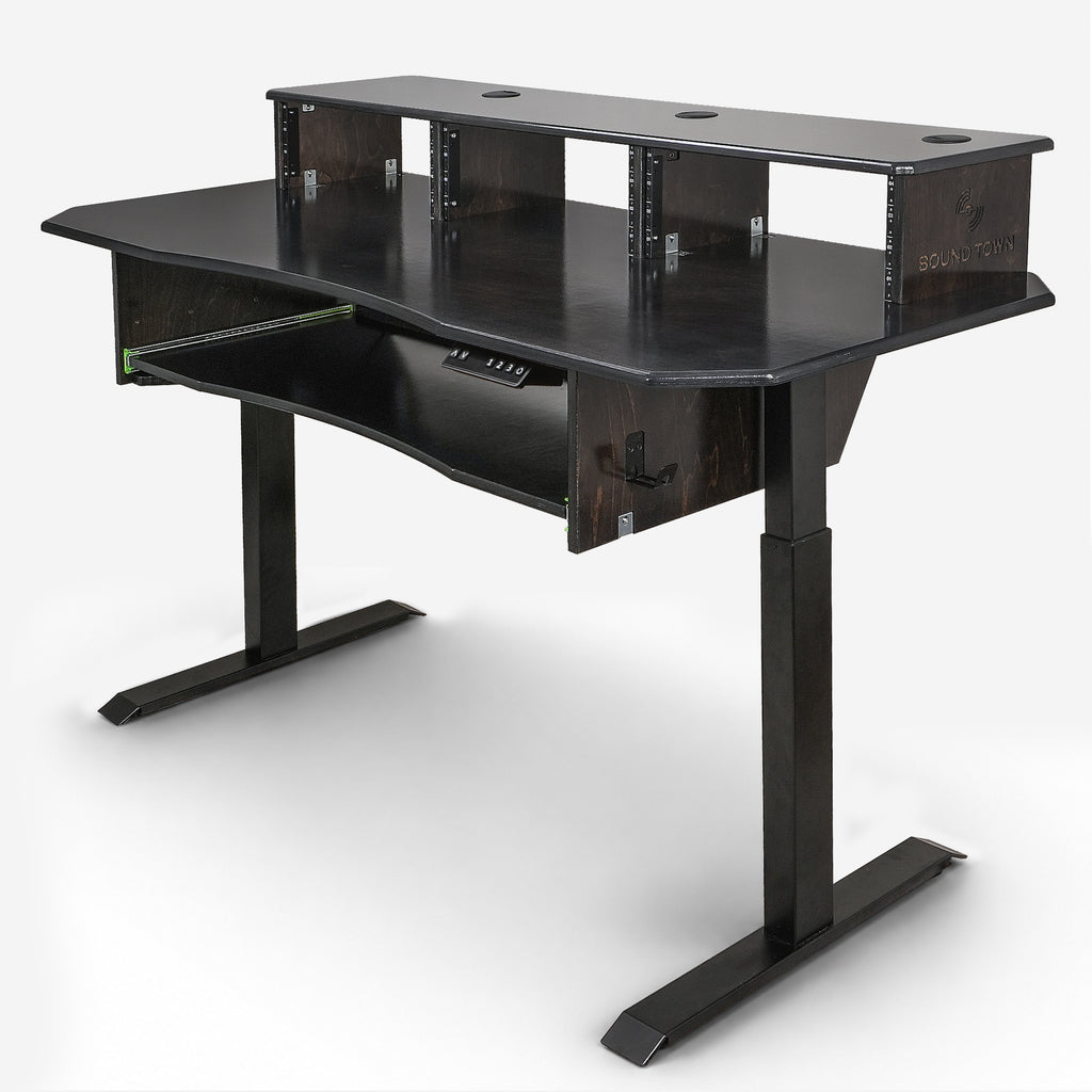 Sound Town SDRK-SD1D | DIY Music Recording Studio Desk Workstation w/ Electric Adjustable Height, 3x4U Rack, Sliding Keyboard Tray, Plywood, Black Espresso - Cable Management, Clutter-Free, Sit & Stand Adjustable, Organized Workspace, Headphone Hooks