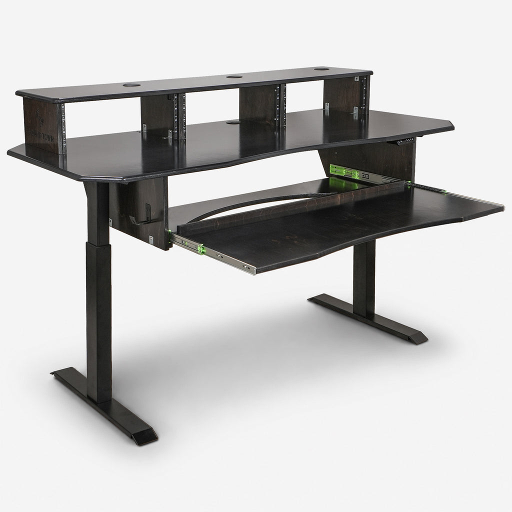 Sound Town SDRK-SD1D | DIY Music Recording Studio Desk Workstation w/ Electric Adjustable Height, 3x4U Rack, Sliding Keyboard Tray, Plywood, Black Espresso - Workbench, Storage, Organization, Cable Grommets