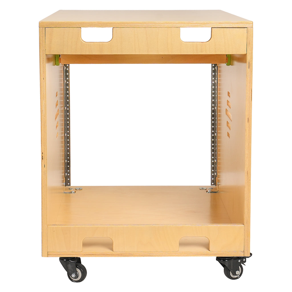 Sound Town SDRK-ST10 | 10U Space Plywood Studio Equipment Rack Desk w/ Slide-Out Tray, Rubber Feet, Casters, for Recording, Podcasts, Broadcasts, Streaming, Golden Oak - Back Panel