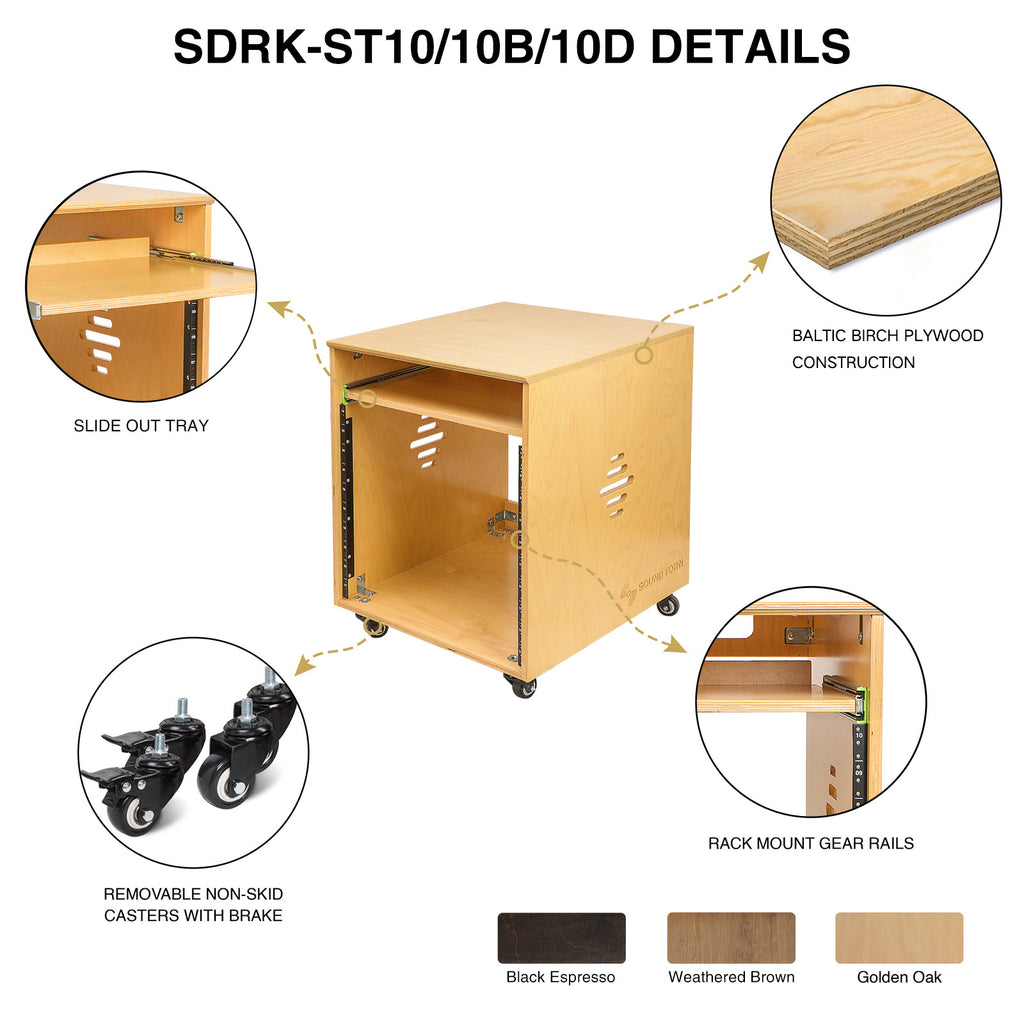 Sound Town SDRK-ST10 | 10U Space Plywood Studio Equipment Rack Desk w/ Slide-Out Tray, Rubber Feet, Casters, for Recording, Podcasts, Broadcasts, Streaming, Golden Oak - Details and Features