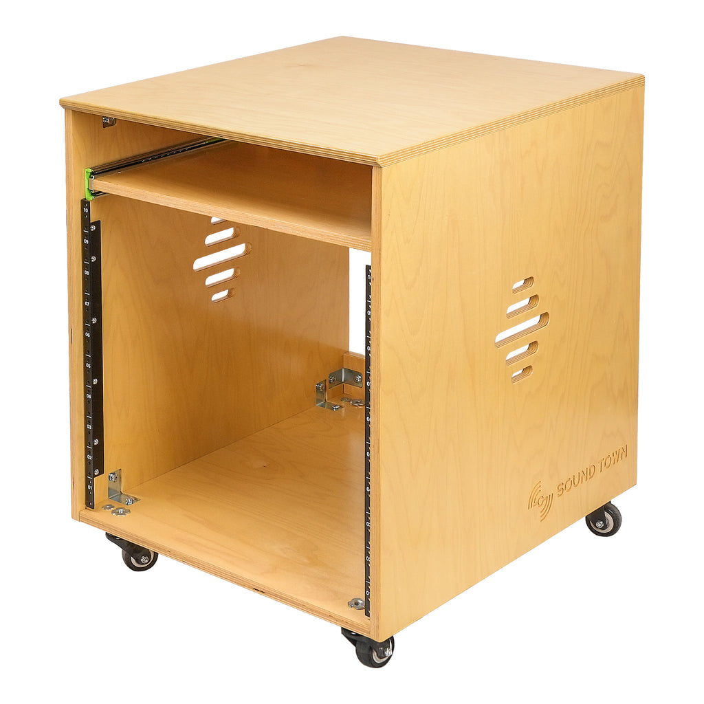 Sound Town SDRK-ST10 | 10U Space Plywood Studio Equipment Rack Desk w/ Slide-Out Tray, Rubber Feet, Casters, for Recording, Podcasts, Broadcasts, Streaming, Golden Oak - Left View