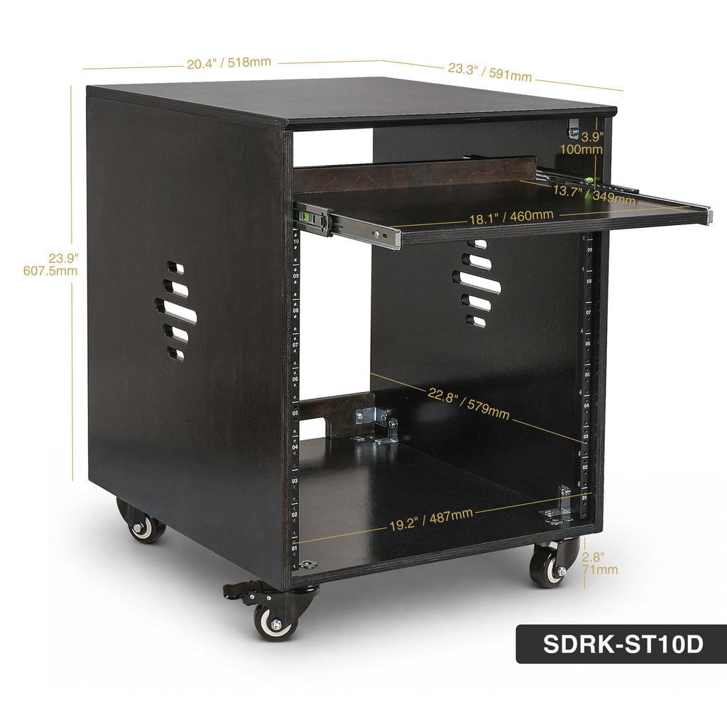 Sound Town SDRK-ST10D | 10U Side Car Studio Rack with Slide-Out Tray, Casters, Baltic Birch Plywood for Home Studio and Recording Room, Black Espresso - Size and Dimensions