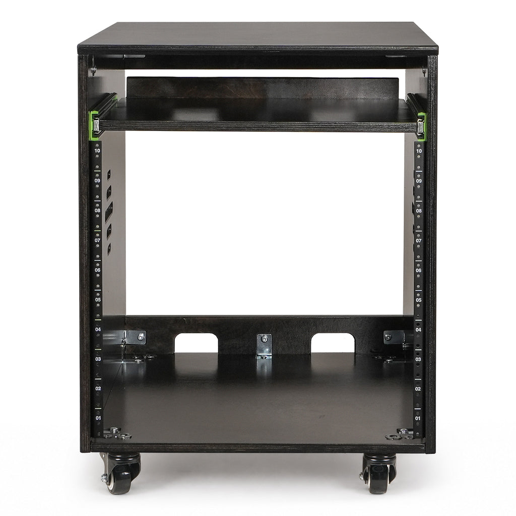 Sound Town SDRK-ST10D | 10U Side Car Studio Rack with Slide-Out Tray, Casters, Baltic Birch Plywood for Home Studio and Recording Room, Black Espresso - Front Panel