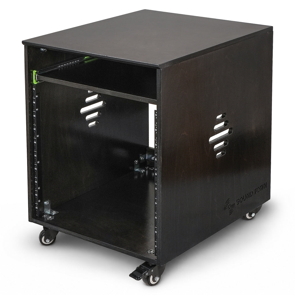 Sound Town SDRK-ST10D | 10U Side Car Studio Rack with Slide-Out Tray, Casters, Baltic Birch Plywood for Home Studio and Recording Room, Black Espresso - Left View