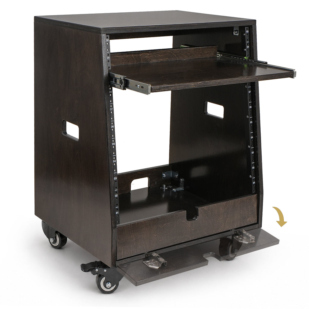 Sound Town SDRK-ST10TD | DIY Slanted 10U Studio Rack (2U Top + 8U Lower) with 2U Bottom Storage, Slide-Out Tray, Casters, Birch Plywood, Black Espresso - flip-open cover, offering convenient accessories & cables storage space