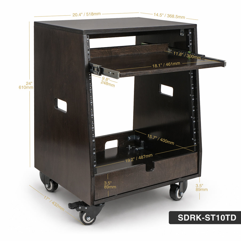 Sound Town SDRK-ST10TD | DIY Slanted 10U Studio Rack (2U Top + 8U Lower) with 2U Bottom Storage, Slide-Out Tray, Casters, Birch Plywood, Black Espresso - Size and Dimensions
