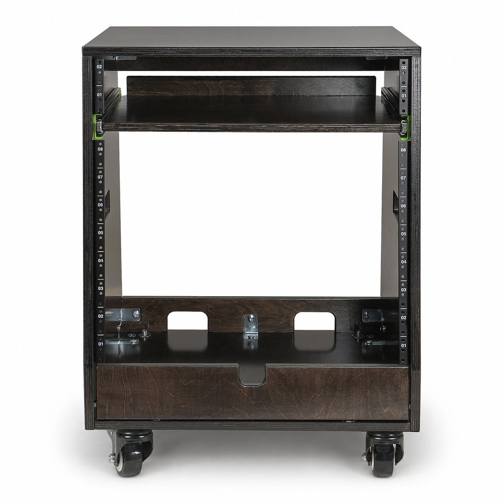 Sound Town SDRK-ST10TD | DIY Slanted 10U Studio Rack (2U Top + 8U Lower) with 2U Bottom Storage, Slide-Out Tray, Casters, Birch Plywood, Black Espresso - Front View