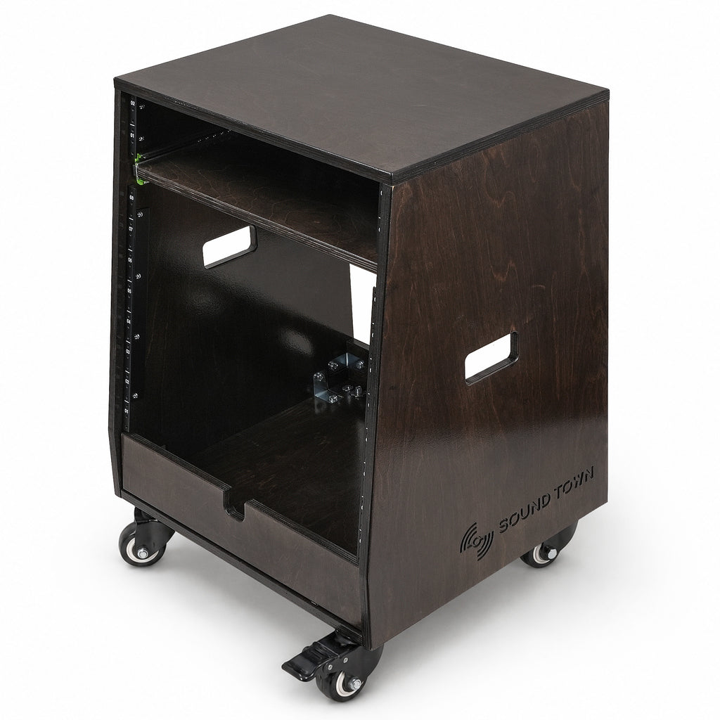 Sound Town SDRK-ST10TD | DIY Slanted 10U Studio Rack (2U Top + 8U Lower) with 2U Bottom Storage, Slide-Out Tray, Casters, Birch Plywood, Black Espresso - Left View