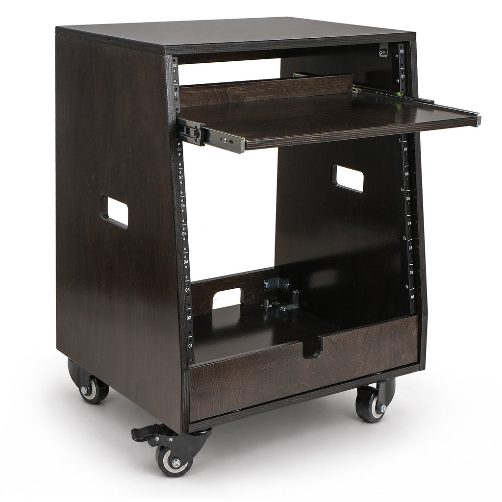 Sound Town SDRK-ST10TD | DIY Slanted 10U Studio Rack (2U Top + 8U Lower) with 2U Bottom Storage, Slide-Out Tray, Casters, Birch Plywood, Black Espresso - Right View