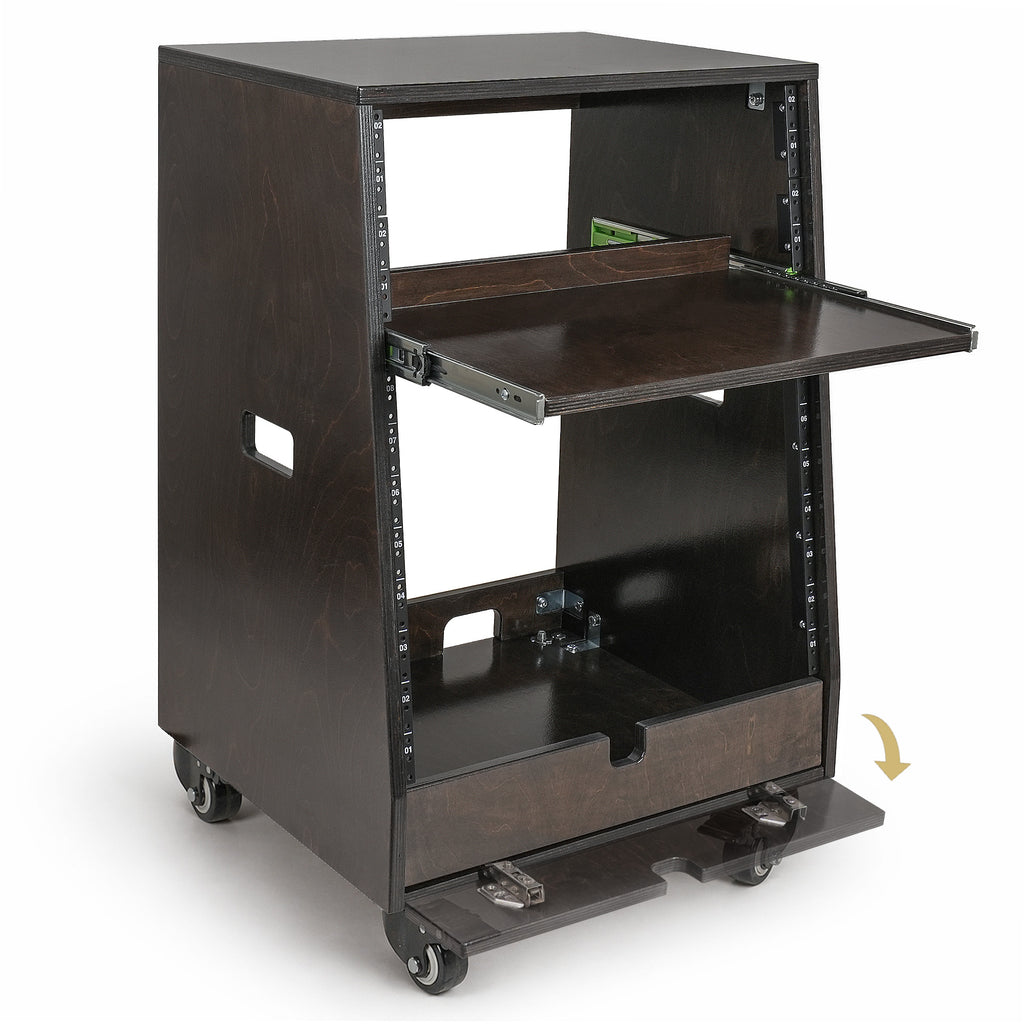 SDRK-ST12TD | DIY Slanted 12U Studio Rack (4U Top + 8U Lower), with 2U Bottom Storage, Slide-Out Tray, Casters, Birch Plywood, Black Espresso - 2U bottom storage space with a flip-open cover, offering convenient storage options