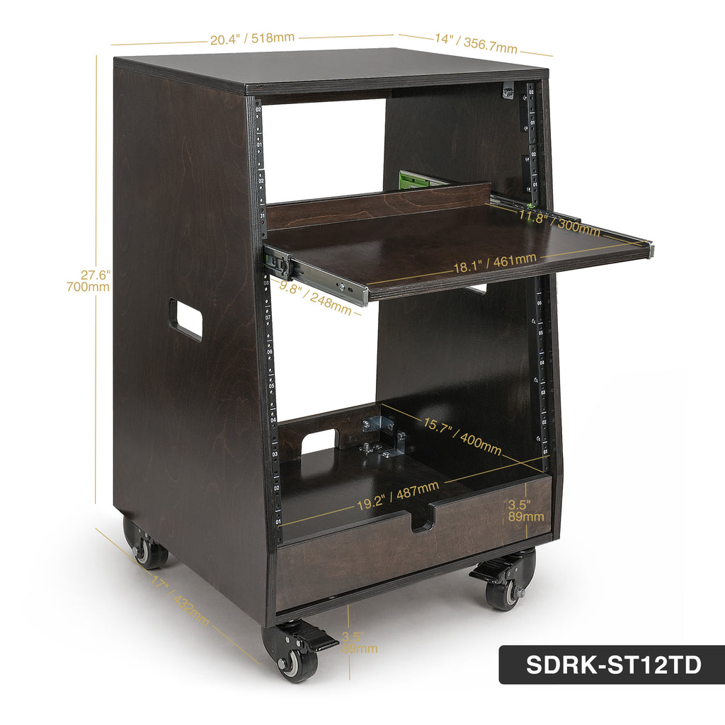 SDRK-ST12TD | DIY Slanted 12U Studio Rack (4U Top + 8U Lower), with 2U Bottom Storage, Slide-Out Tray, Casters, Birch Plywood, Black Espresso - Size and Dimensions