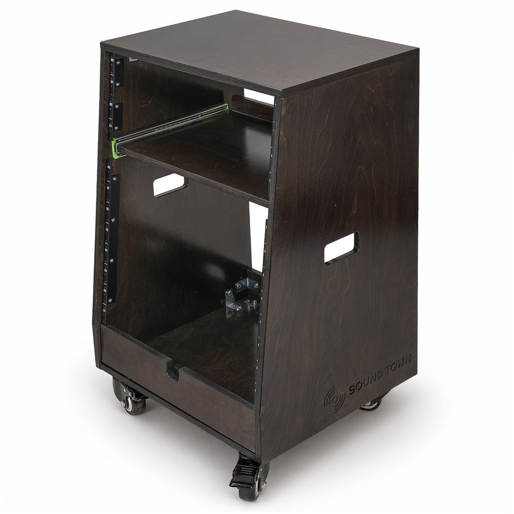 SDRK-ST12TD | DIY Slanted 12U Studio Rack (4U Top + 8U Lower), with 2U Bottom Storage, Slide-Out Tray, Casters, Birch Plywood, Black Espresso - 7.5-degree Slant Angled Design