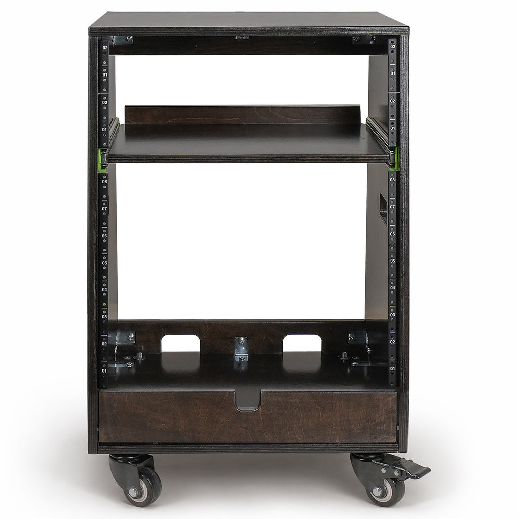 SDRK-ST12TD | DIY Slanted 12U Studio Rack (4U Top + 8U Lower), with 2U Bottom Storage, Slide-Out Tray, Casters, Birch Plywood, Black Espresso - Rackmount