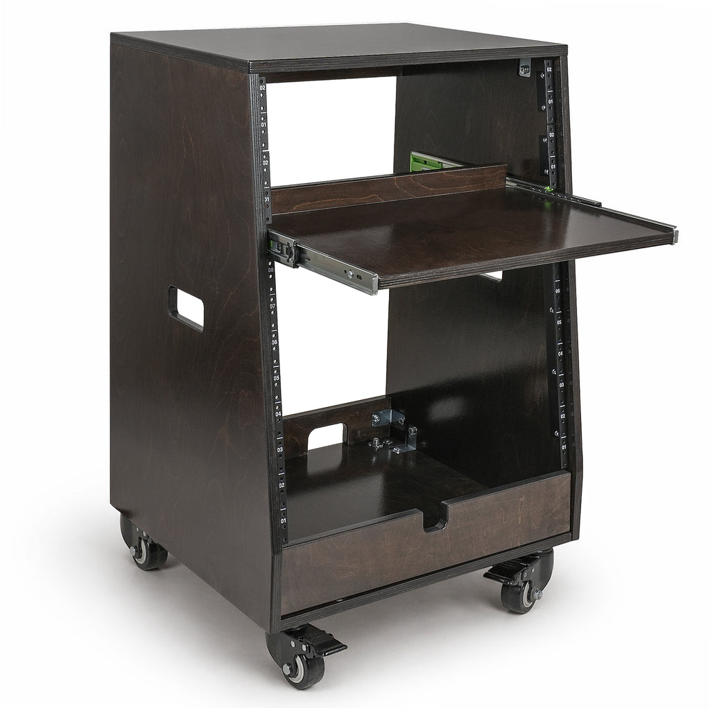 SDRK-ST12TD | DIY Slanted 12U Studio Rack (4U Top + 8U Lower), with 2U Bottom Storage, Slide-Out Tray, Casters, Birch Plywood, Black Espresso