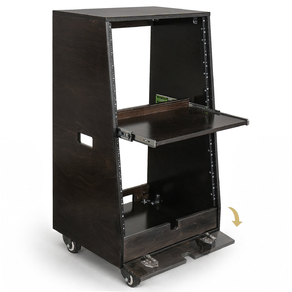 Sound Town SDRK-ST16TD | DIY Slanted 16U Studio Rack (8U Top + 8U Lower), with 2U Bottom Storage, Slide-Out Tray, Casters, Birch Plywood, Black Espresso - 2U bottom storage space with a flip-open cover, offering convenient storage options